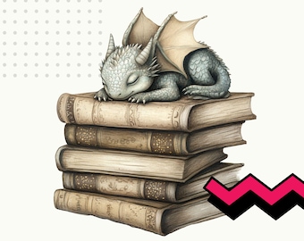 Fantasy book dragon png, baby dragon sleeping clipart, fantasy book png, book with dragons, cute dragon clipart