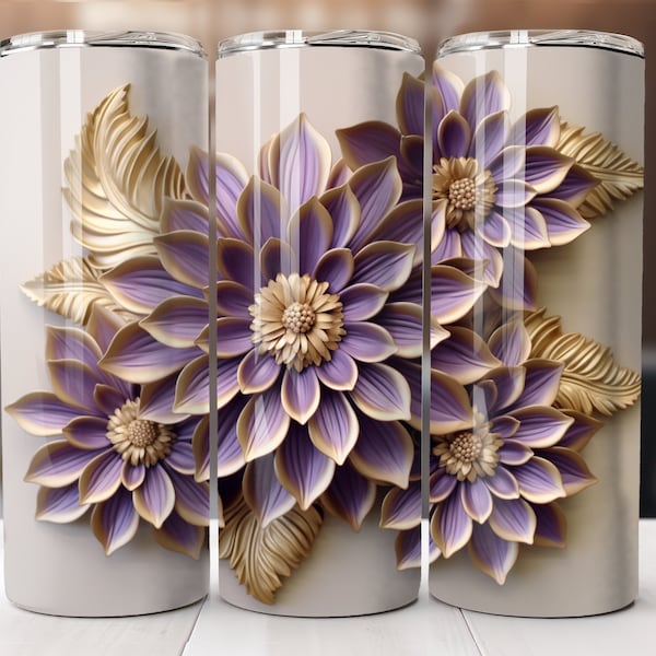 3D Purple and Gold Flowers 20oz Skinny Tumbler PNG, 3D Tumbler Wrap Sublimation Design, Golden Flowers Tumbler Wrap, 3D floral