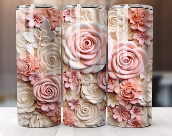 Envoltura de vaso de rosas blancas con molde de arcilla 3D, vaso flaco 3D de 20 oz PNG, diseño de sublimación de vaso de rosa 3D, envoltura de vaso de flores de arcilla