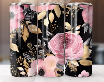 May include: Three stainless steel tumblers with a black background and a floral design featuring pink and gold flowers.