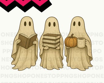 Ghosts reading books, spooky ghost PNG, Halloween book lover clipart, cute ghost coffee pumpkin design, fall ghost illustration