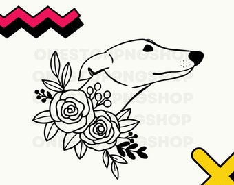 Puede incluir: Ilustración en blanco y negro de línea de arte de la cabeza de un perro con flores. El perro mira hacia la derecha y tiene un arreglo floral detrás de su cabeza.