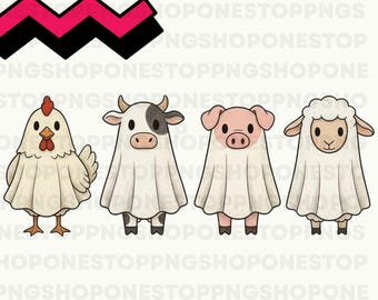 Halloween Barn Animals, Farm Halloween PNG, Chicken ghost halloween png, farm animals clip art, ghost cow, funny barnyard halloween png
