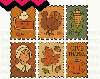 Thanksgiving Stamps PNG, Turkey png, Fall postcard digital download, Pumpkin pie svg