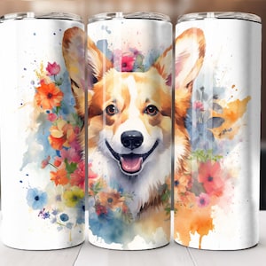 Blumen Aquarell Corgis 20 Unzen Skinny Tumbler PNG, Corgis Blume Sublimation Design digitaler Download, Corgis Blume Tumbler Wrap