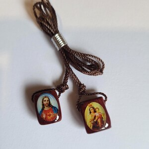 2 x Wood Catholic Brown Scapular, Medal of Jesus/Our Lady of Mt. Carmel
