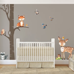 Woodland Trees Nursery Wall Decor 1 Ancient Tree Watercolor Animals Fox Deer Owl Birds Wall Decal Girl Boy Neutral Nursery Easy to Install