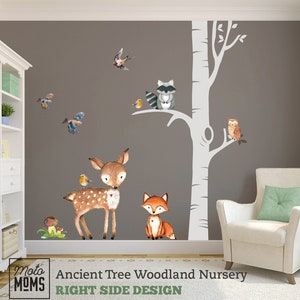 Nursery Trees Wall Decor Woodland Ancient Tree Watercolor Animals Fox Deer Owl Birds Wall Decal Girl Boy Neutral Nursery Easy to Install