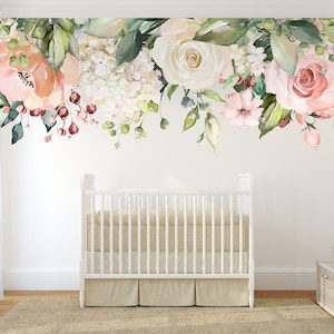 ROSE GARDEN Harper Wall-to-Wall Floral Border Pink & White Peonies Blooms Wall Mural Watercolor Flowers Blossoms Wall Vinyl and Fabric Decal