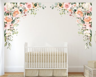 Rose Garden QUINN&#39;S CORNERS Wall Decal Flowers Pink Peonies & Blooms Wall Mural Watercolor Flower Blossoms Removable