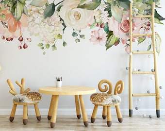 ROSE GARDEN Emma Floral Wall Decal Pink & White Peonies Blooms Wall Mural Watercolor Flowers Blossoms Wall Vinyl and Fabric Decals