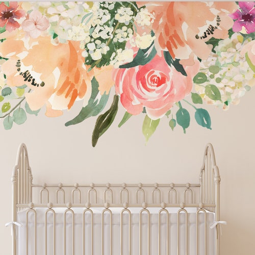 MEADOW Corners Watercolor Flowers Wall Decals Coral Pink Mint Etsy