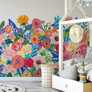 FRIDA Floral Border Wall DECAL Bold Colorful Peonies Roses Wall Mural Acrylic Watercolor Flowers Wall Vinyl Fabric Decals