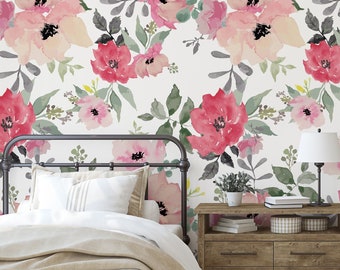 Removable WALLPAPER CAMRYN Peel and Stick Fabric Mural Pink Peony Floral Wallpaper Botanical Watercolor Flowers Pink Nursery Romantic 0207