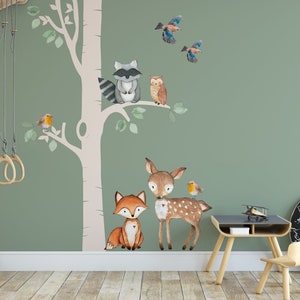 1 Nursery Tree Wall Decals Woodland Ancient Tree Watercolor FABRIC Animals Fox Deer Owl Birds Wall Decal Girl Boy Neutral Nursery