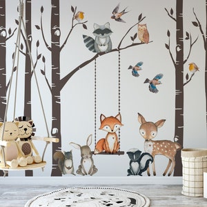 Woodland Nursery Wall Decor 6 Birch Trees Fox & Friends Fox Deer Owl Squirrel Bunny Raccoon Birds Wall Decal Neutral Nursery Easy to Install