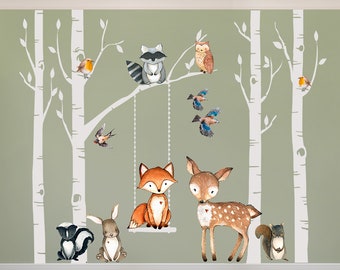 Woodland Nursery Wall Decor 4 Birch Trees Fox & Friends Fox Deer Owl Raccoon Birds Wall Decal Neutral Nursery Easy to Install