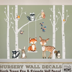 FABRIC Set Woodland Nursery Wall Décor 4 Birch Trees Fox & Friends Fox Deer Owl Raccoon Birds Wall Decal Neutral Nursery Easy to Install