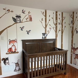 Woodland Nursery Wall Decor 6 Birch Trees Fox & Friends Fox Deer Owl Squirrel Bunny Raccoon Birds Wall Decal Neutral Nursery Easy to Install