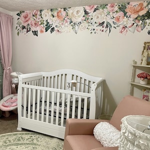 NEW Rose Garden ZOEY Wall DECAL Pink & White Peonies Blooms Wall Mural Watercolor Flowers Blossoms Wall Vinyl Fabric Decals