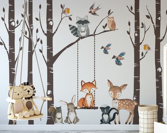 Woodland Nursery Wall Decor 6 Birch Trees Fox & Friends Fox Deer Owl Squirrel Bunny Raccoon Birds Wall Decal Neutral Nursery Easy to Install