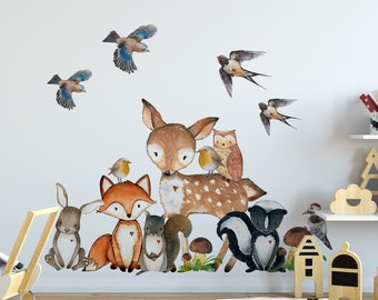 6 Woodland Animals 7 Birds Nursery Wall Decals Watercolor Fox Deer Owl Raccoon Bunny Birds Wall Decor Girl Boy Forest Nursery