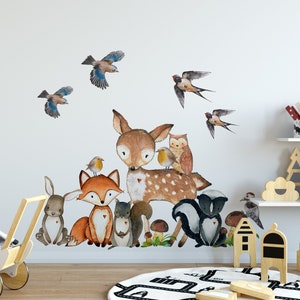6 Woodland Animals 7 Birds Nursery Wall Decals Watercolor Fox Deer Owl Raccoon Bunny Birds Wall Decor Girl Boy Forest Nursery