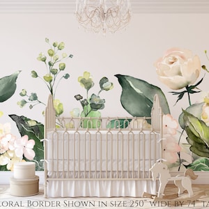 ROSE GARDEN Floral Wall Border Ivory Peonies Blooms Wall Mural Watercolor Flowers Blossoms Wall Vinyl and Fabric Decals