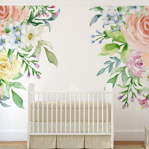 MEADOW Corners Watercolor Flowers Wall Decals Coral Pink Mint Etsy