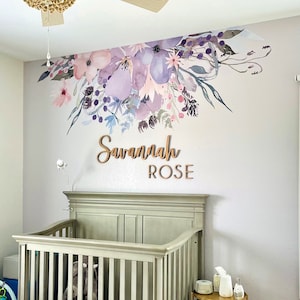WILD SPRING GARDEN Border Wall Decal Pink Lavender Flowers Wall Mural Watercolor Peonies Blossoms Removable Floral Nursery Décor