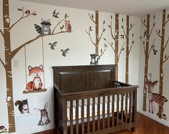 Woodland Nursery Wall Decor 6 Birch Trees Fox & Friends Fox Deer Owl Squirrel Bunny Raccoon Birds Wall Decal Neutral Nursery Easy to Install