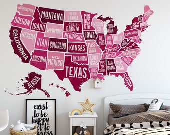 Wandtattoo Amerika KARTE | Kinderzimmer Dekor USA Karte, abnehmbare Wand Dekor, USA Karte, Mädchen Schlafzimmer, viele Farben, Bunte amerikanische Karte