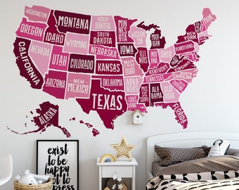 Wall Decal America MAP Nursery Decor USA map Wall Decor Removable Vinyl United States Map Girls Decor