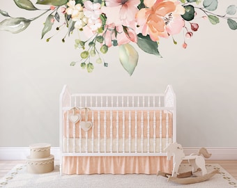 ROSE GARDEN MAYA Pink Coral & White Watercolor Flowers Mural Decals Peonies Blooms Wall Mural Roses Flowers Blossoms Wall Decals