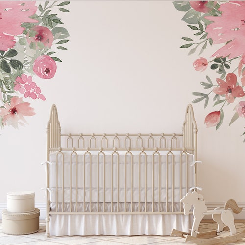 Spring Bloom CORNERS Floral Wall Decals Mural Wall Pink & Etsy