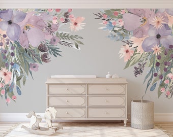 Corners WILD SPRING GARDEN Lavender Pink Wall Decal Flowers Peonies & Blooms Wall Mural Watercolor Flower Blossoms Removable