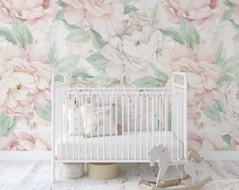 Removable WALLPAPER ADELINE Peel and Stick Fabric Mural Pink Peony Floral Wall Botanical Watercolor Flowers Pink Nursery 0128