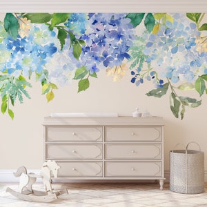 SERENITY May Flower Wall Decal Blue Mint Lavender Watercolor Peonies Blooms Wall to Wall Mural Floral Wall Vinyl Fabric Decals