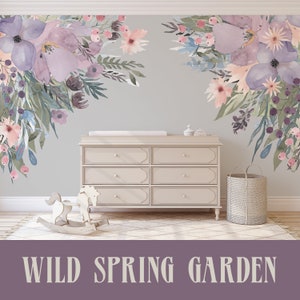 Corners WILD SPRING GARDEN Lavender Pink Wall Decal Flowers Peonies & Blooms Wall Mural Watercolor Flower Blossoms Removable