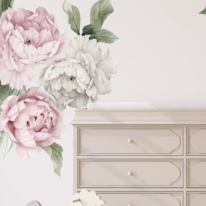 Roses Peony Floral Wall Decals Bohemian Vintage Watercolor Flowers Pink & White Roses Wall Decals Peel and Stick Removable Stickers