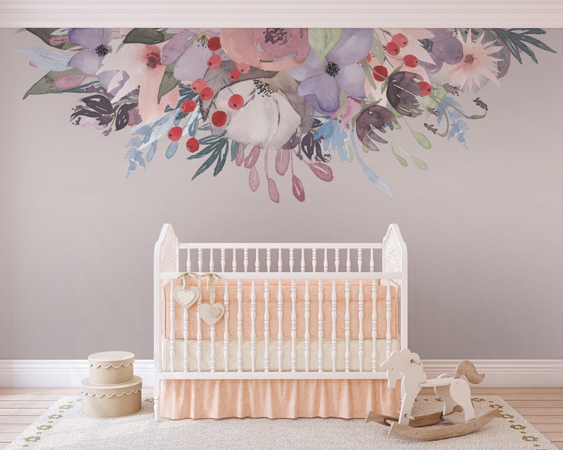 WILD SUMMER GARDEN Bouquet Lavender Pink Peonies & Blooms Wall Mural Watercolor Flowers Blossoms Wall Decals Peel and Stick Removable image 2