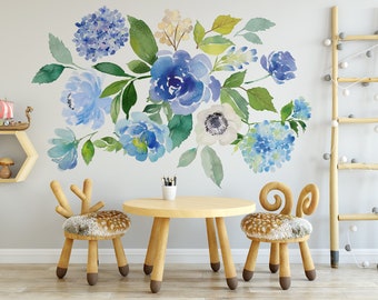 SERENITY 20 Pcs Single Flowers SET Wall Mural Blue Mint Lavender Peonies Blooms Decal Watercolor Flowers Blossoms Wall Vinyl Fabric Decals