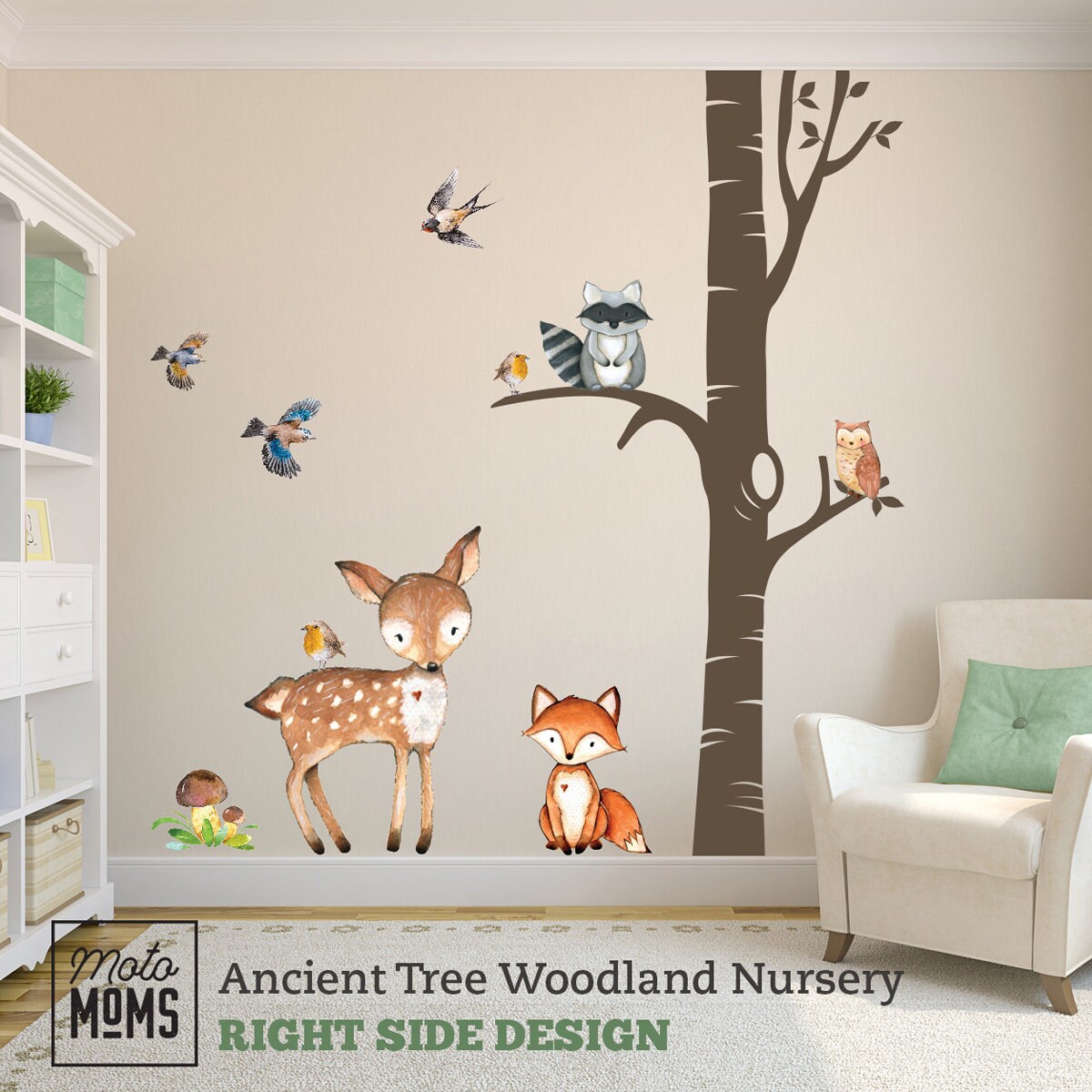 Nursery Wall Trees Decor Woodland Ancient Tree Watercolor Animals Fox Deer Owl Birds Wall Decal Girl Boy Neutral Nursery Easy to Install
