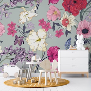 Removable WALLPAPER MAKENNA Peel and Stick Fabric Mural Red roses Peony Floral Wallpaper Botanical Watercolor Flowers Pink Nursery 0210