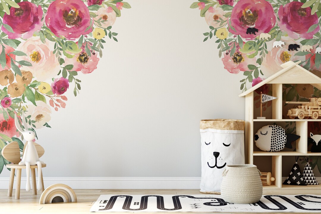 JESSICA Corners Floral Peel & Stick Fabric Vinyl Wall Decals Mural Pink