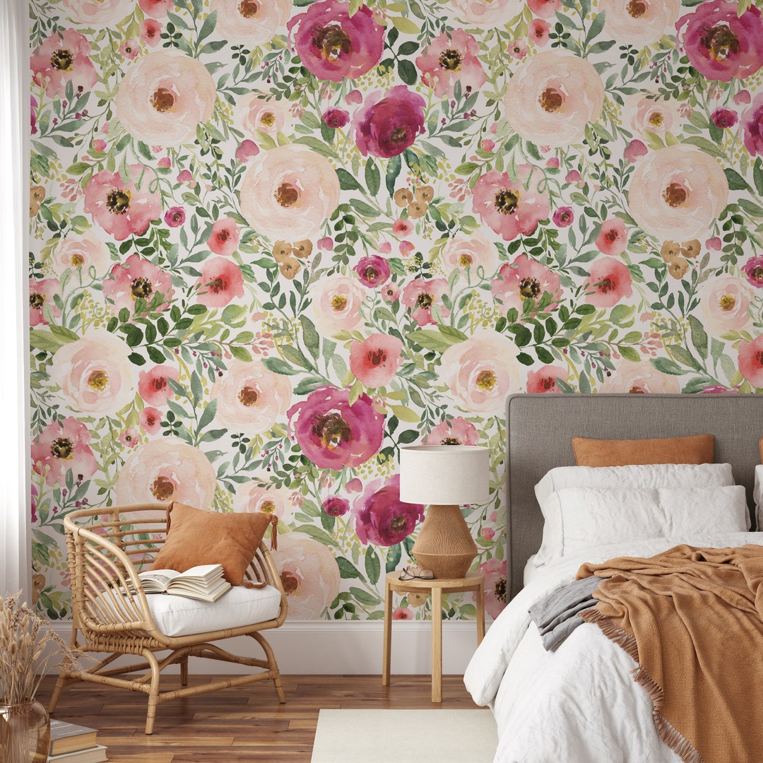 Peel & Stick Fabric REMOVABLE WALLPAPER Wainscoting Mural Pink Peony ...