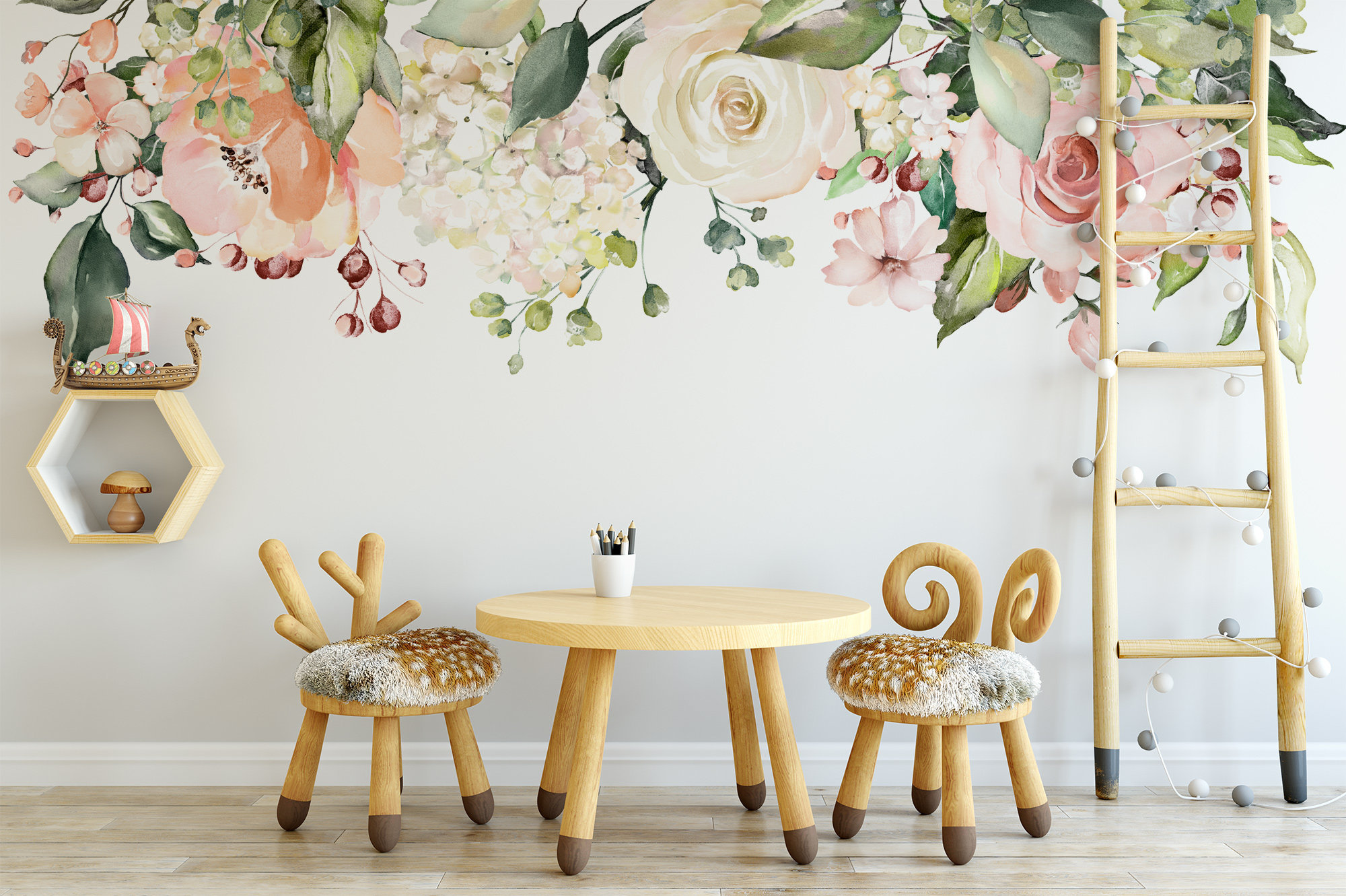 ROSE GARDEN Emma Floral Wall Decal Pink & White Peonies Blooms Wall Mural Watercolor Flowers Blossoms Wall Vinyl and Fabric Decals