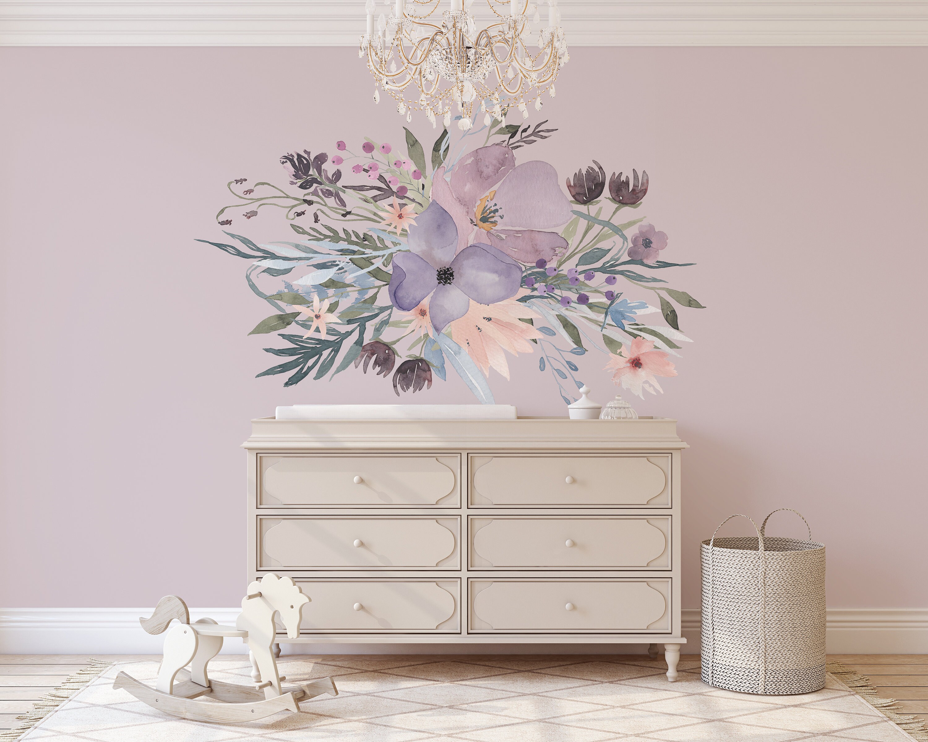 Wall Decal SPRING GARDEN Bouquet Flowers Watercolor Pink Lavender Mural ...