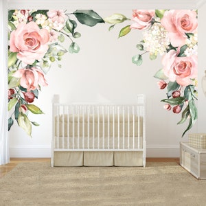 ROSE GARDEN PAISLEY Corners Floral Wall Decals Mural Wall Pink & White Peonies Blooms Wall Mural Watercolor hand painted Flowers Blossoms