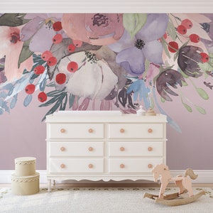 WILD SUMMER GARDEN Bouquet Lavender Pink Peonies & Blooms Wall Mural Watercolor Flowers Blossoms Wall Decals Peel and Stick Removable image 4